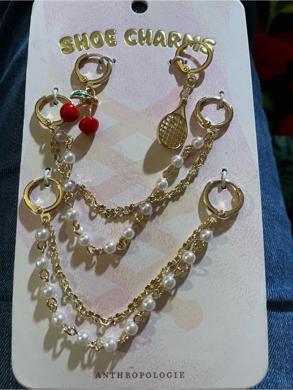 Anthropologie Gold Tennis Racket, Pearl & Red Cherry Shoe Charms
